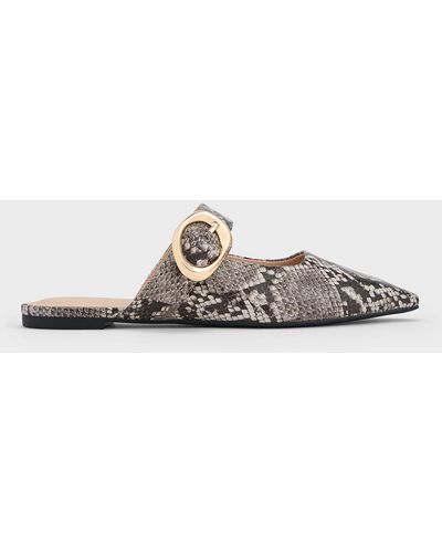 Charles & Keith Snake-print Buckle-strap Flat Mules - White