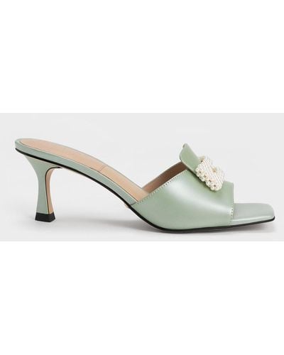 Charles & Keith Beaded Leather Square-toe Mules - Green
