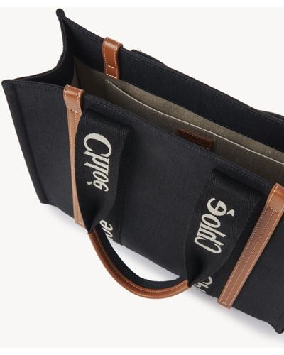 Chloé Woody Tote Bag In Linen - Black