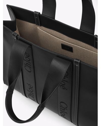 Chloé Large Woody Tote Bag In Soft Leather - Black