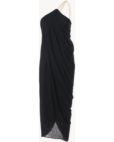 Chloé Vestido Midi Asimétrico Negro 100% Lana Virgen
