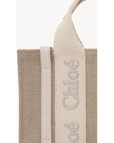 Chloé Mini Woody Tote Bag In Linen & Leather - Natural