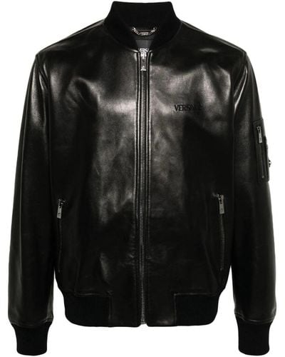 Versace Embroidery Logo Leather Jacket - Black