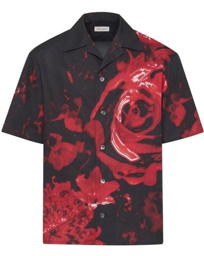 Alexander McQueen Drop Shoulder Wax Floral Shirt - Red