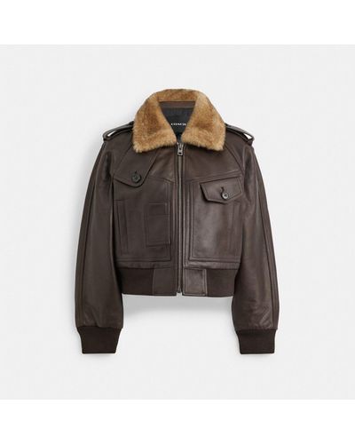 COACH Cropped Leather Jacket - Brown