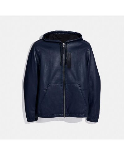 COACH Hooded Leather Jacket - Blue