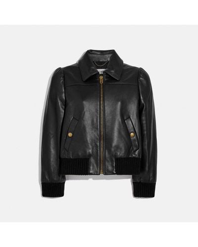 COACH Leather Tailored Bomber Jacket - Black