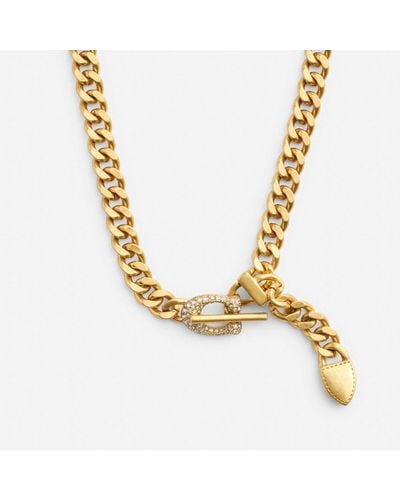 COACH Pavé Signature Buckle Curb Chain Necklace - Metallic
