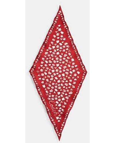 COACH Tea Rose Print Silk Diamond Scarf - Red