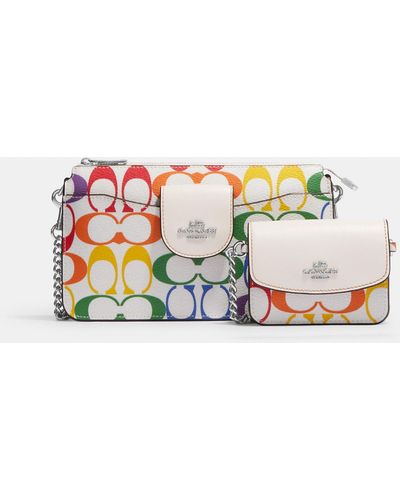 COACH Poppy Crossbody With Card Case In Rainbow Signature Canvas - White