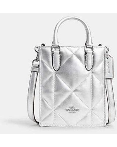 COACH North South Mini Tote In Silver Metallic With Puffy Diamond Quilting - White