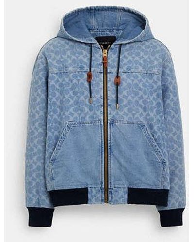 COACH Signature Denim Hooded Zip Up Jacket - Blue