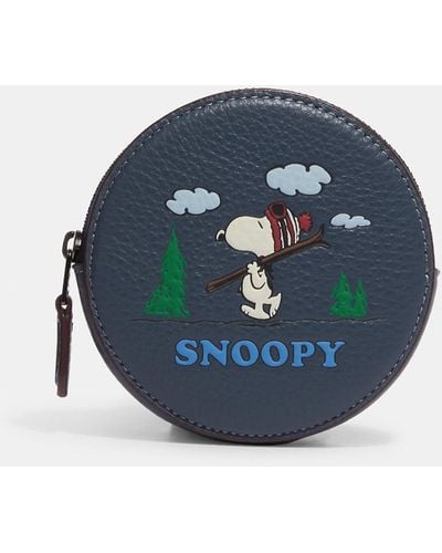 COACH Coach X Peanuts Round Coin Case With Snoopy Ski Motif - Blue