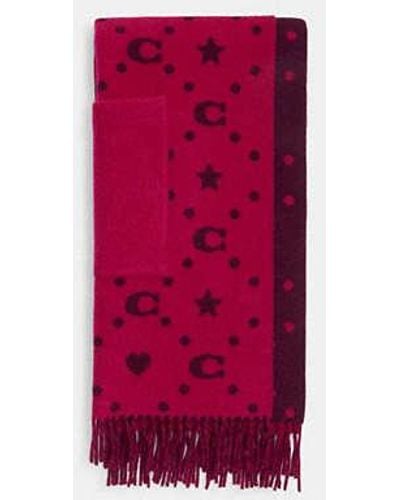 COACH Stars And Hearts Print Oversized Muffler With Pockets - Red