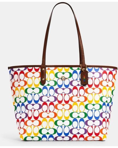 COACH Reversible City Tote In Rainbow Signature Canvas - White