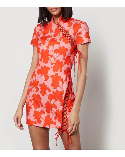 De La Vali Floral-print Trapeze Cotton Mini Dress - Red