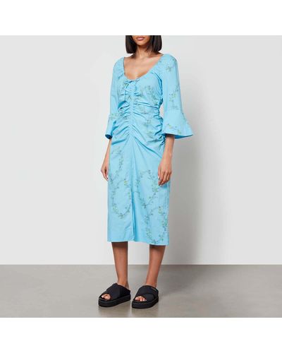 Ganni X Coggles Floral-print Organic Cotton Midi Dress - Blue