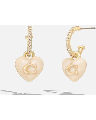 COACH Signature C Heart Pearl Drop Gold Tone Huggie Earrings - Metallic