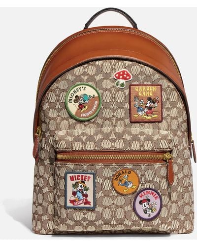 COACH X Disney Forever Charter Designer Patched Jacquard Backpack - Brown