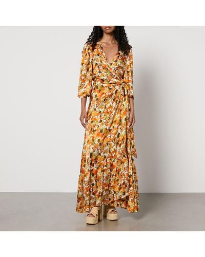 Stella Nova Floral-Print Puckered Silk Wrap Dress - Metallic