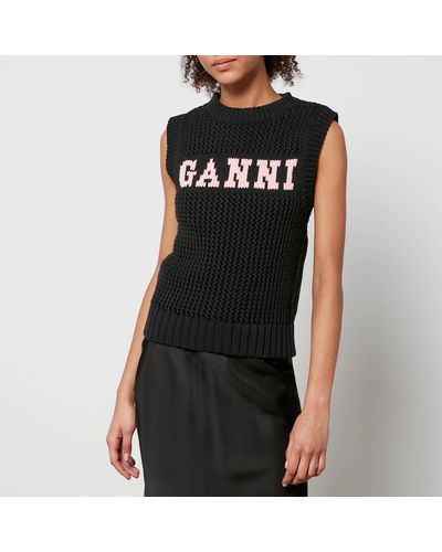 Ganni Logo Intarsia-knit Round-neck Top - Black