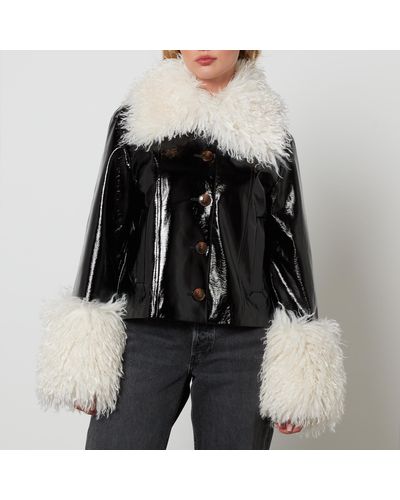 Kitri Bonnie Monogolian Fur-trimmed Vinyl Jacket - Black