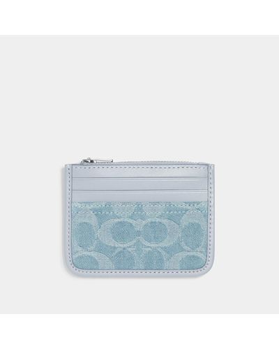 COACH Washed Denim And Leather Signature Zip Card Case - Blue