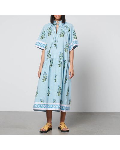 SZ Blockprints Printed Cotton-poplin Midi Dress - Blue