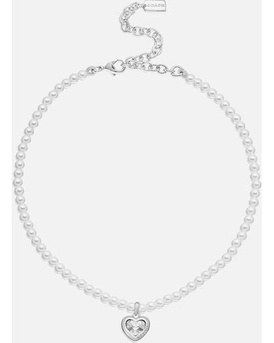 COACH Stone Heart Faux Pearl Rhodium Choker Necklace - White