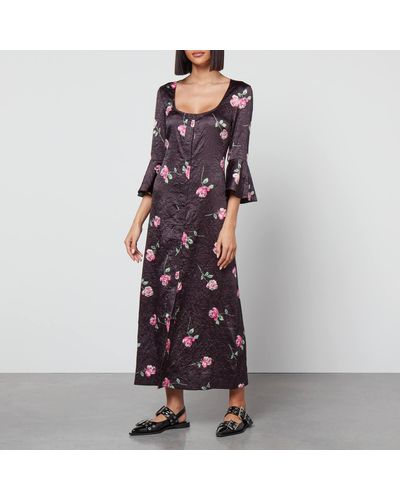 Ganni Floral-print Crinkled Midi Dress - Black