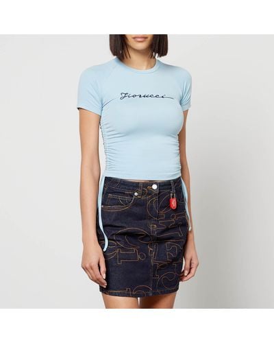 Fiorucci Ruched Logo-Embroidered Stretch-Modal T-Shirt - Blue