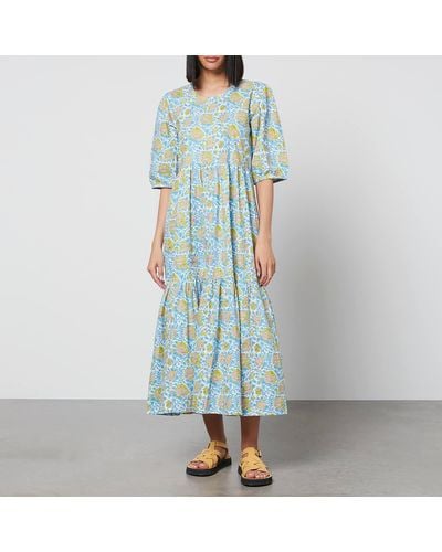 SZ Blockprints Gaia Floral-Print Cotton Midi Dress - Blue