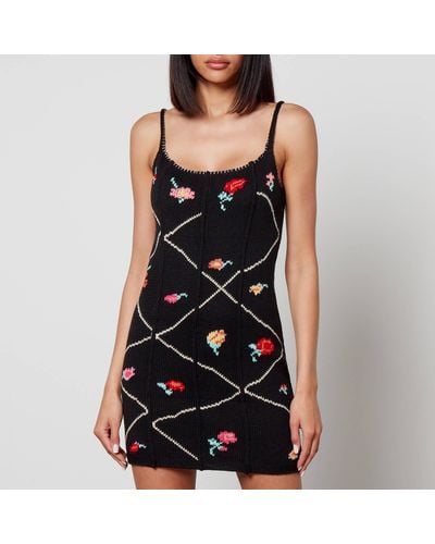 TACH Arya Floral-Embroidered Cotton Mini Dress - Black