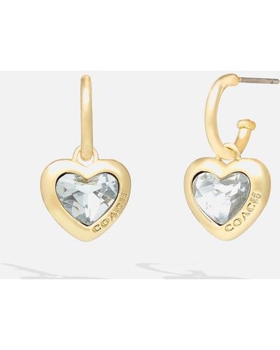 COACH Crystal Heart Logo Drop Huggie Hoop Earrings - Metallic