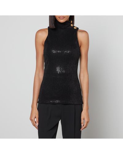Balmain Sleeveless Sequin-embellished Velvet High-neck Top - Black