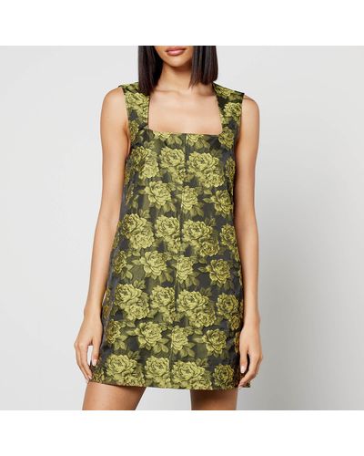 Ganni Floral-jacquard Mini Dress - Green