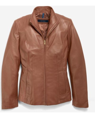 Cole Haan Women's Wing Collar Leather Jacket - Brown