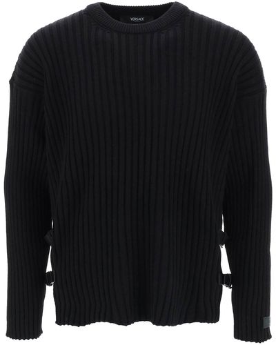Versace Ribbed Knit Jumper With Leather Straps - Black
