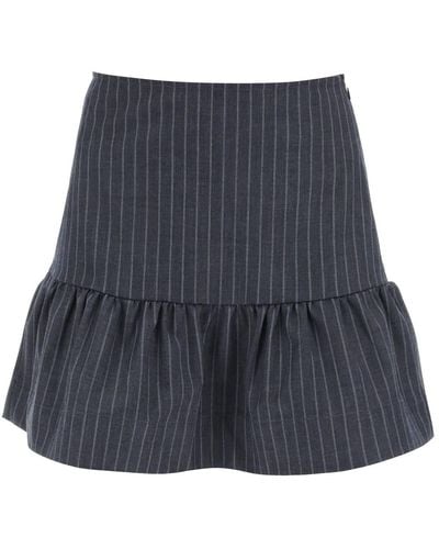 Ganni Pinstriped Mini Skirt With Flounce Hem - Blue