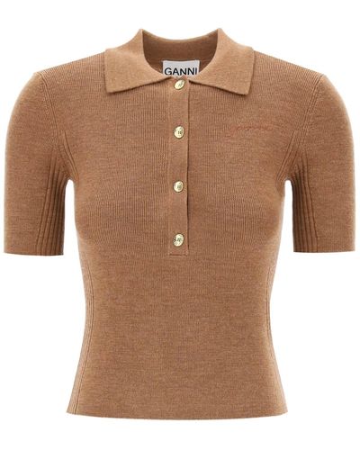 Ganni Merino Wool Polo Shirt - Brown