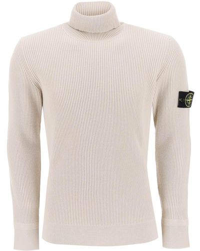 Stone Island Ribbed Wool Turtleneck Sweater - White