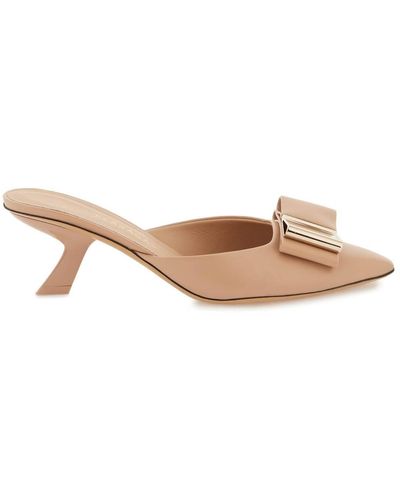 Ferragamo Mules With Double Bow - Natural