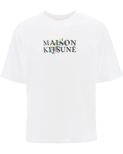 Maison Kitsuné T Shirt Oversize Con Logo Flowers - Bianco