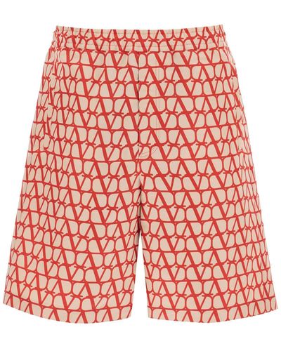 Valentino Shorts In Silk Faille With Toile Iconographe Motif - Red