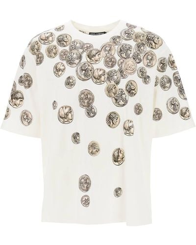 Dolce & Gabbana T Shirt Over Stampa Monete - Bianco