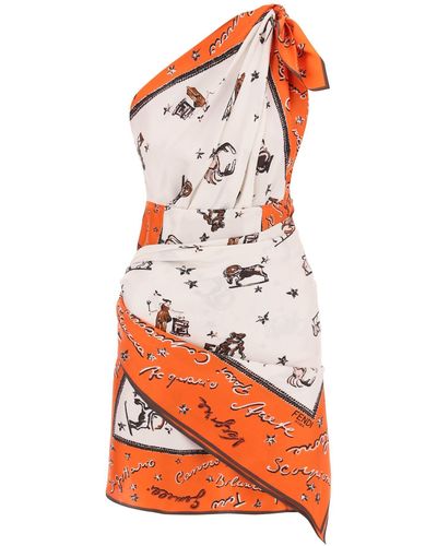 Fendi Mini Dress In Silk With Astrology Motif - Orange