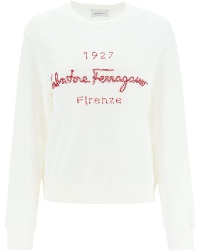 Ferragamo '1927' Logo Embroidery Crew-neck Sweatshirt - White