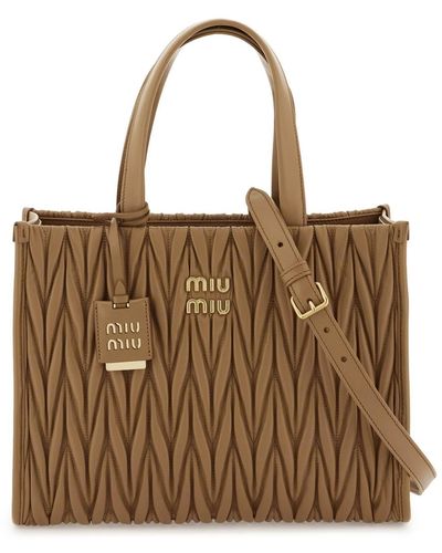 Miu Miu Matelassé Nappa Leather Tote Bag - Brown