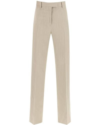 Ferragamo Tailored Straight Leg Linen Blend Trousers - Natural