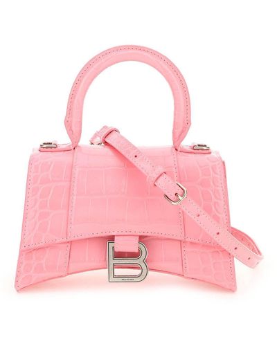 Balenciaga Hourglass Top Handle Xs Croco-embossed Leather Bag - Pink